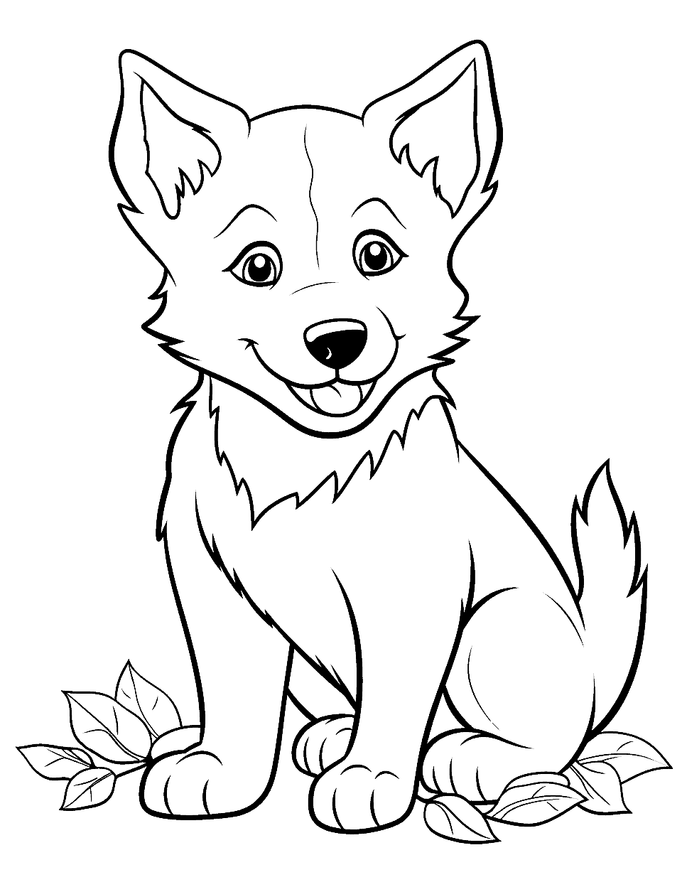 Autumn Leaves Husky Playing in Puppy Coloring Page - A Husky puppy enjoying a sunny autumn day, playing in a pile of leaves.
