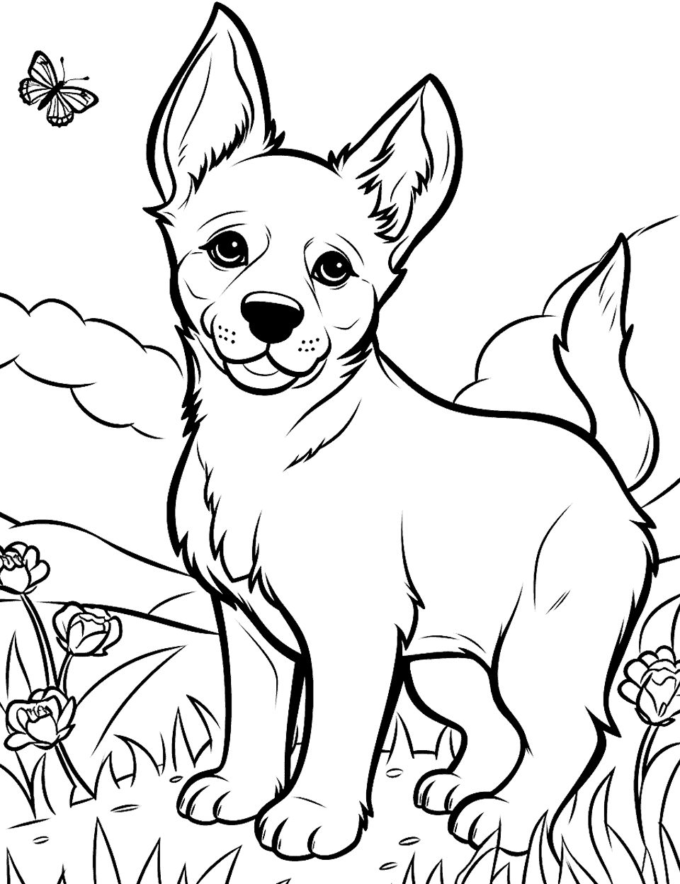 Puppy's Day Out German Shepherd in the Park Puppy Coloring Page - A German Shepherd puppy exploring the park, encountering butterflies and birds.