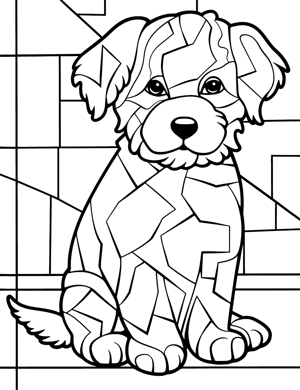 Artist's Dream Abstract Art Goldendoodle Coloring Page - A Goldendoodle puppy turned into an abstract work of art with different geometric shapes.