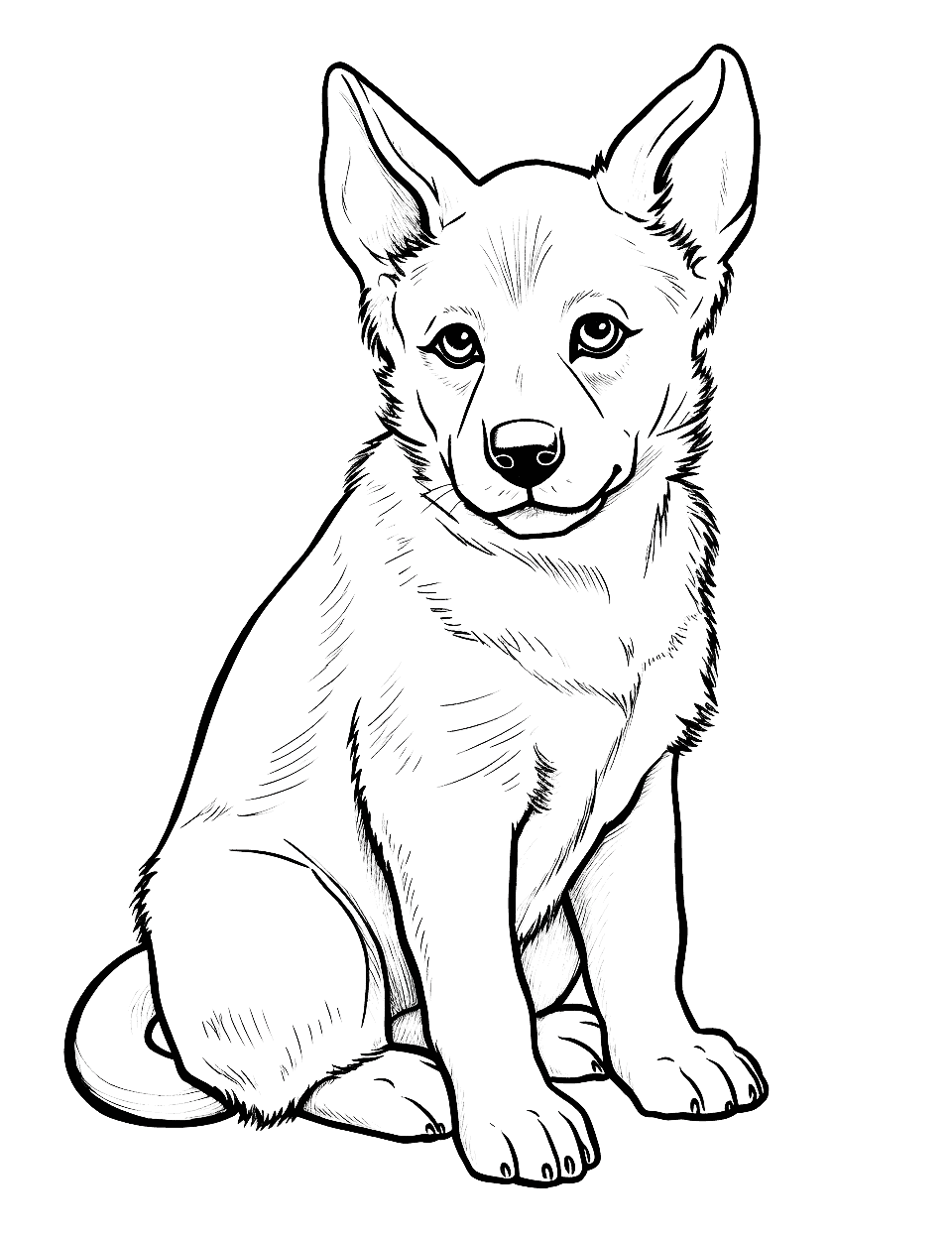 Detailed Sketch German Shepherd Puppy Coloring Page - A German Shepherd puppy sitting obediently with a detailed sketch-like design.