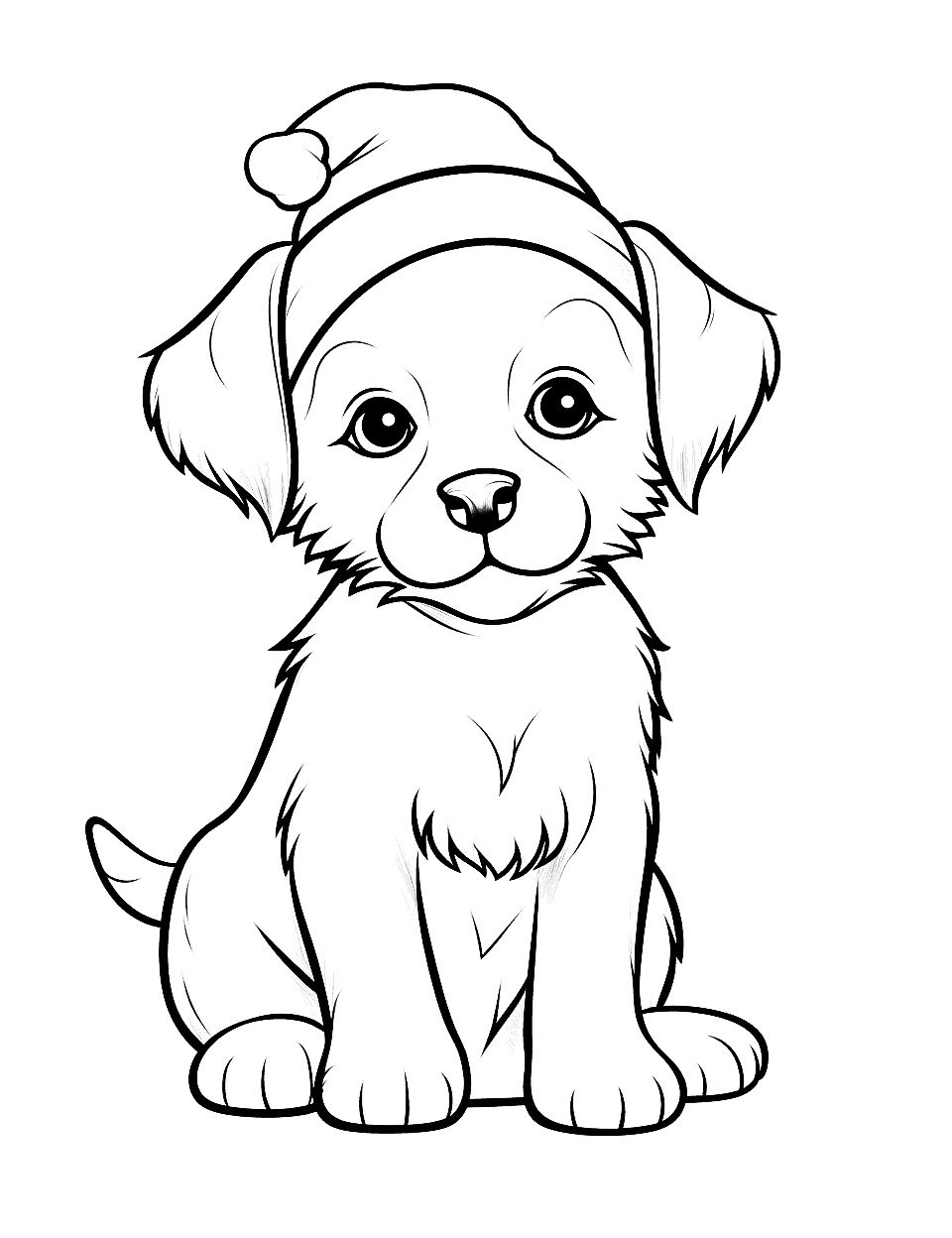 Christmas Delight Puppy With Santa Hat Coloring Page - An adorable puppy wearing a Santa hat ready to celebrate Christmas tree.
