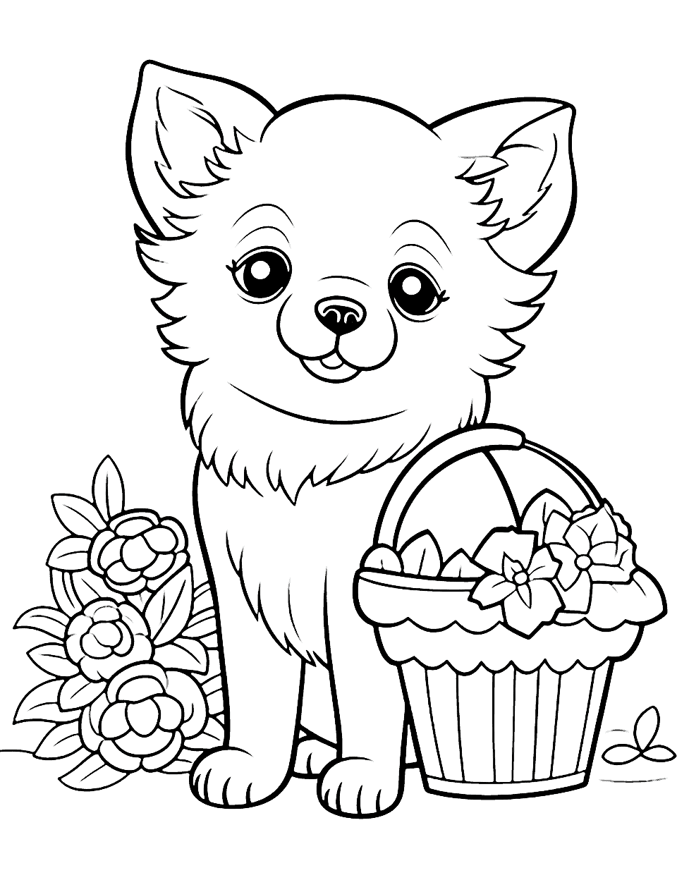 Fluffy Companion Pomeranian in a Basket Puppy Coloring Page - An adorable Pomeranian puppy sitting in a basket filled with flowers.