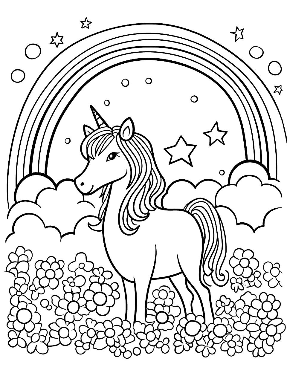 Unicorn Under the Rainbow Coloring Page - A cute, simple-to-color unicorn standing majestically under a big, bright rainbow.