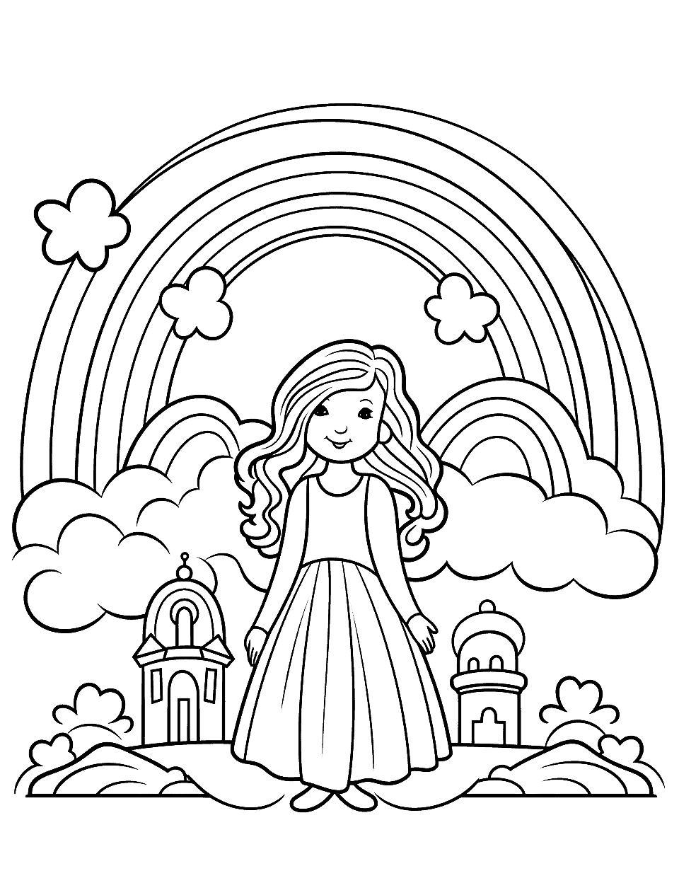 Princess Castle Under the Rainbow Coloring Page - A beautiful princess is standing on her castle balcony with a rainbow on the backdrop.