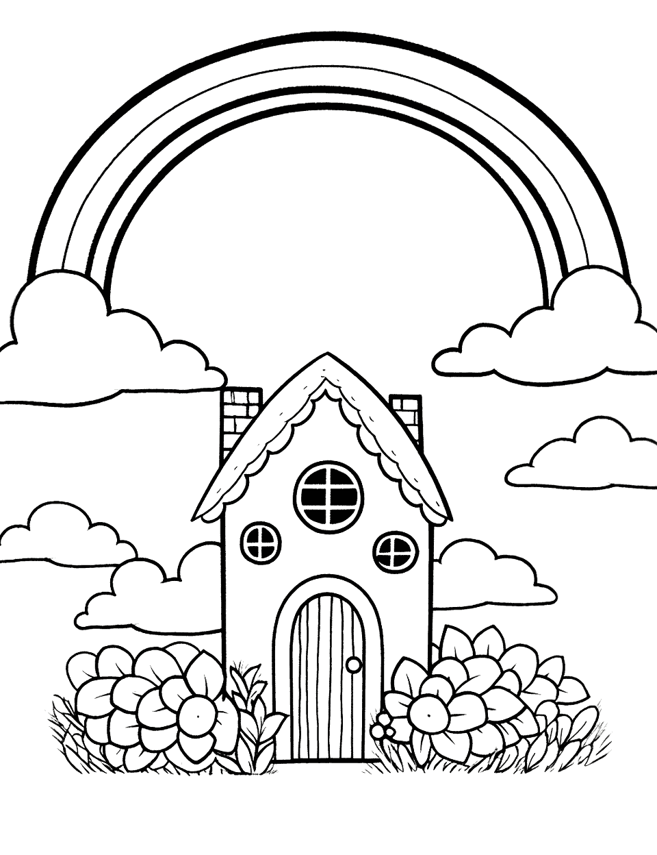 Rainbow Over the House Coloring Page - A cute little house with a beautiful rainbow overhead.