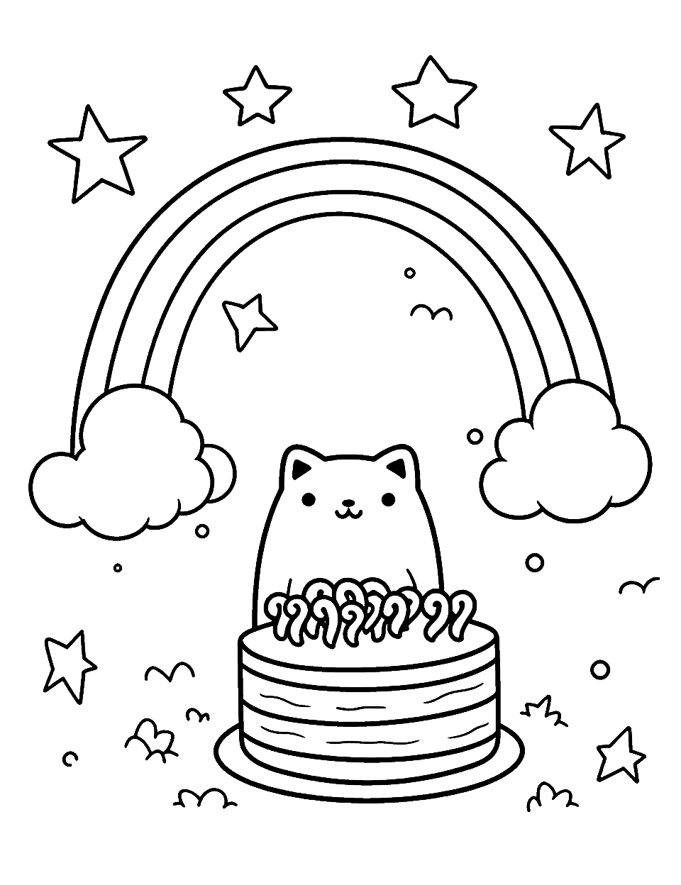 Pusheen Rainbow Party Coloring Page - Everyone’s favorite Pusheen style cat peeks over a round layer cake topped with squiggles of frosting, with an arch, two clouds and a scatter of stars around them. The cake is the natural place to use every color in the box, one shade per layer. Save this one for a birthday, where it works as a placemat once you slip it into a plastic sleeve. The little doodle marks in the background are quick to fill and keep a fast worker busy at the end.