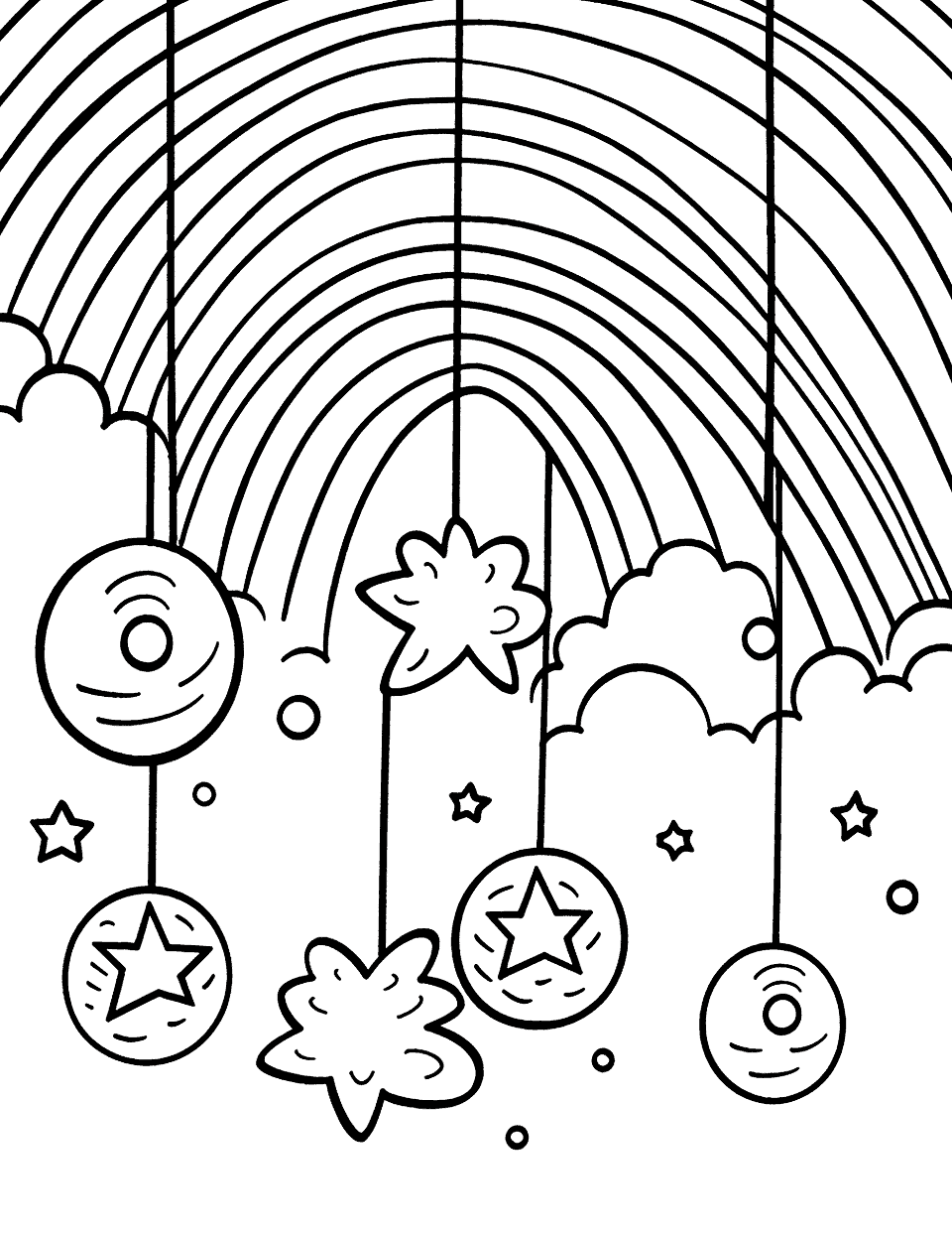 Christmas Rainbow Coloring Page - A unique coloring page featuring Christmas ornaments in rainbow colors.