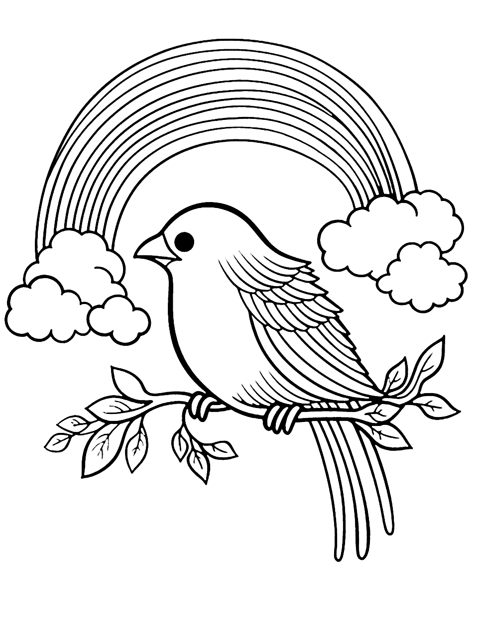 Rainbow Bird Coloring Page - A bird with rainbow-colored feathers perched on a branch.