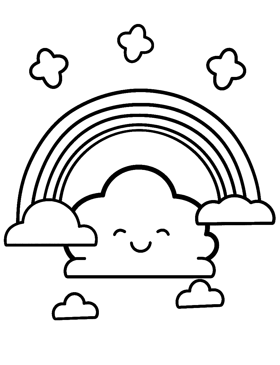 Kawaii Rainbow Coloring Page - A Kawaii-inspired rainbow with adorable facial expressions for preschool kids.
