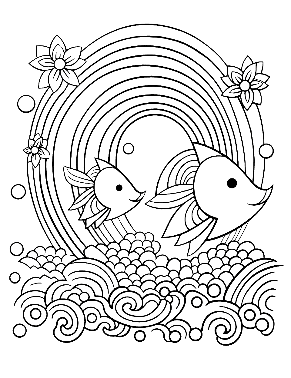 Rainbow Fish Coloring Page - A beautiful rainbow-colored fish swimming with its friends.