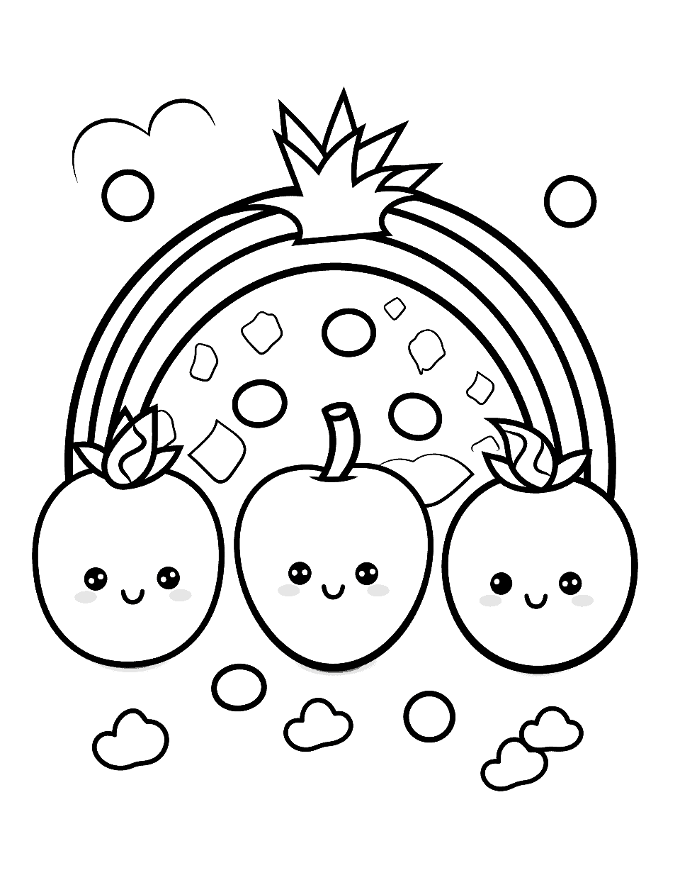 Kawaii Fruit Rainbow Coloring Page - A line-up of kawaii-inspired fruit in different rainbow colors.