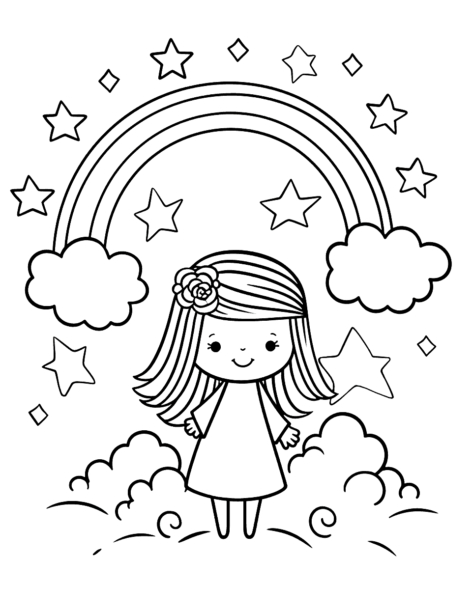 Fairy and Rainbow Coloring Page - A fairy sprinkling magic dust to create a beautiful rainbow.