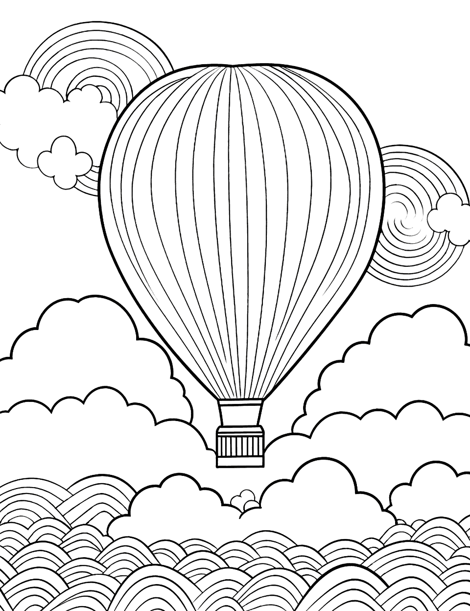Rainbow Hot Air Balloon Coloring Page - A detailed hot air balloon soaring in the sky with a rainbow.