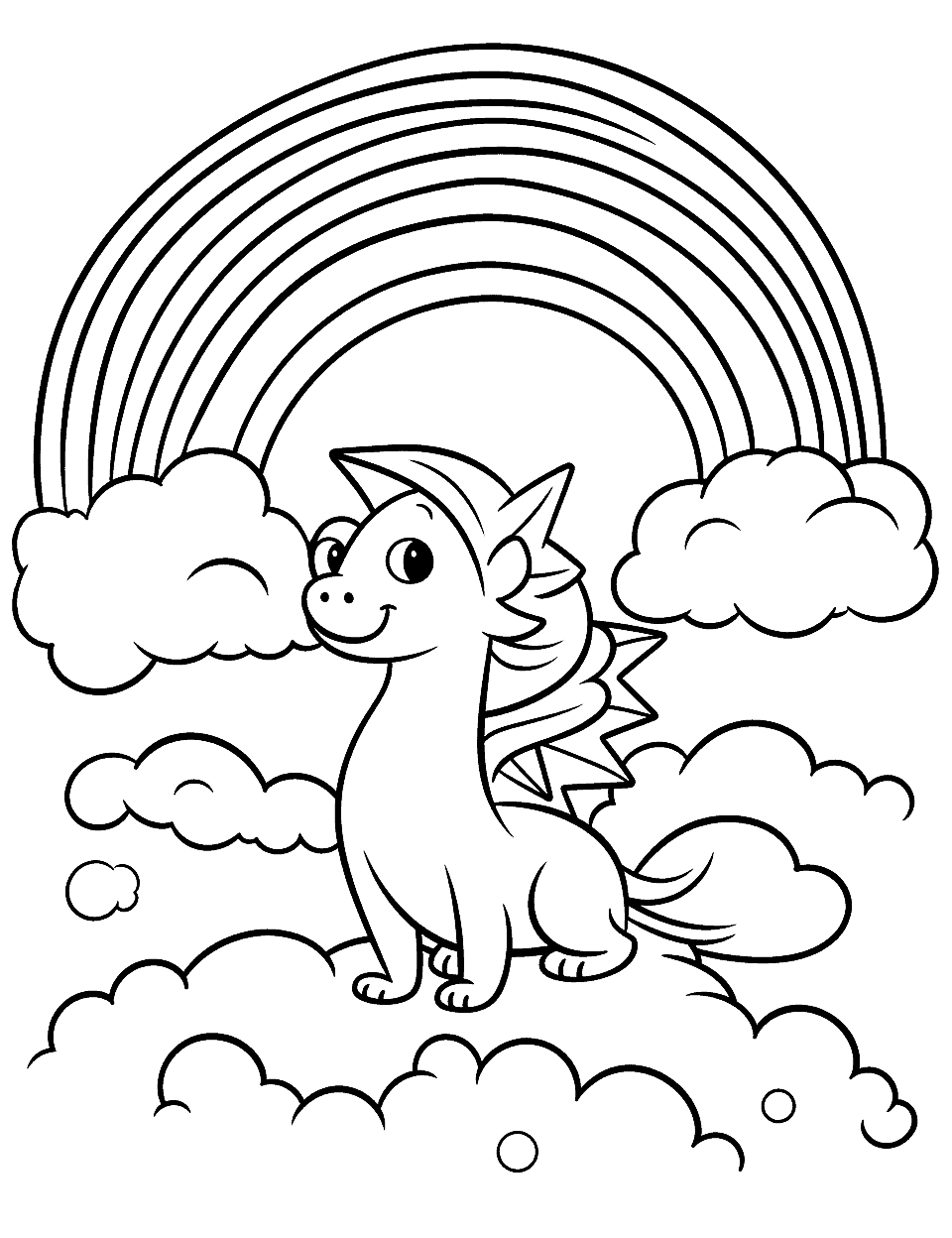 Cute Dragon and Rainbow Coloring Page - A friendly dragon flying over a magical land with a rainbow in the sky.