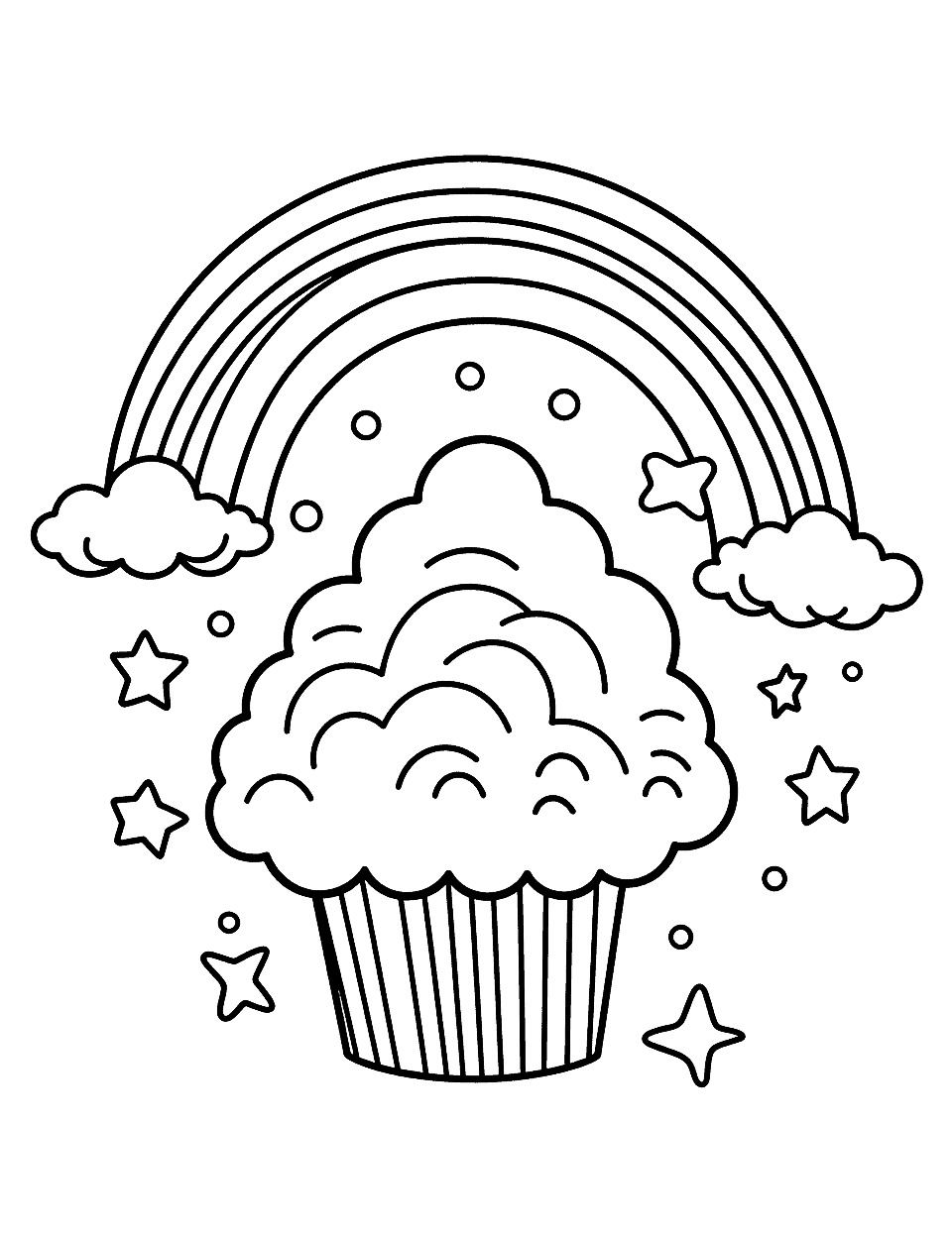 Rainbow Cupcake Coloring Page - A mouth-watering cupcake with rainbow-colored frosting.