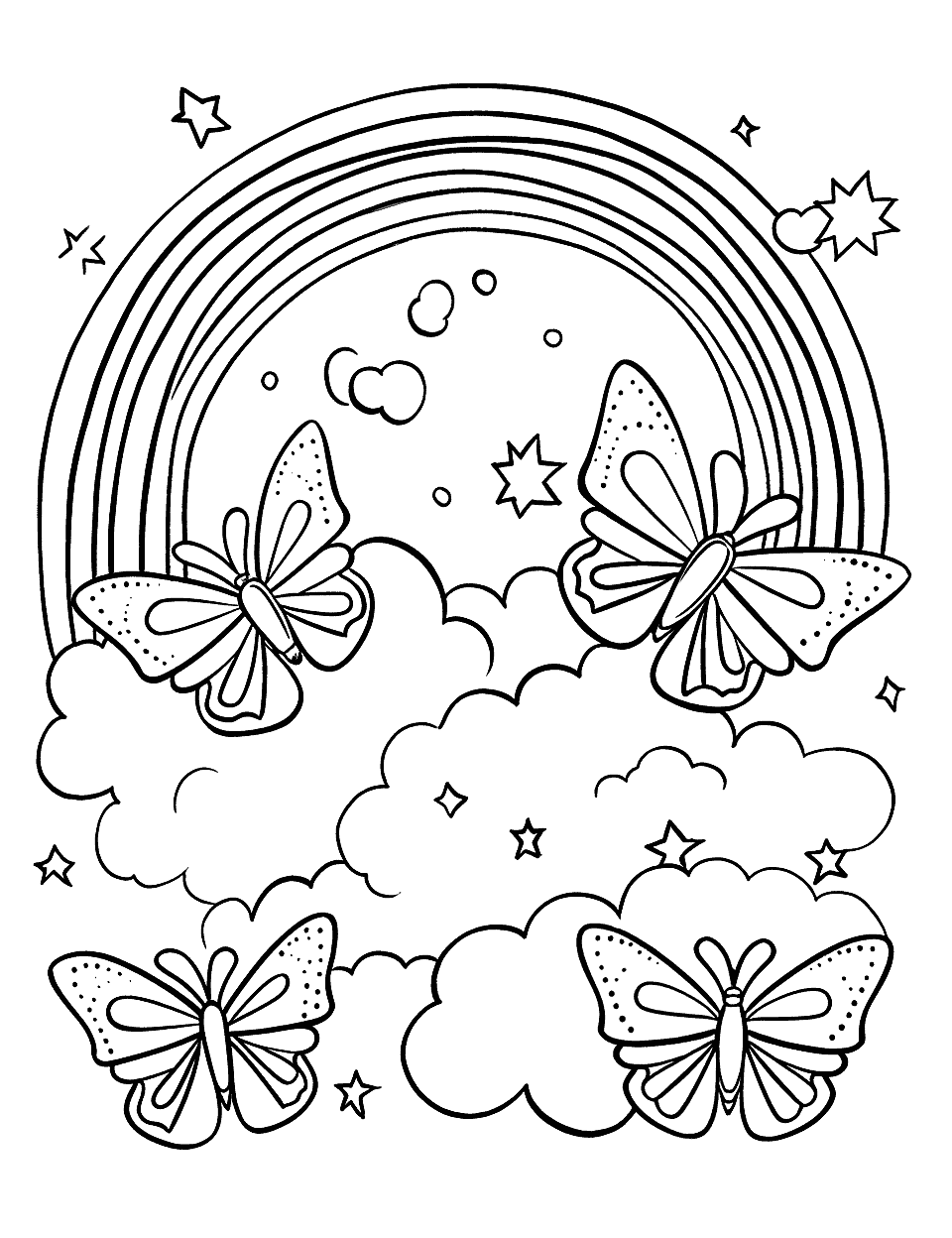 Butterflies and Rainbow Coloring Page - Detailed coloring sheet with several butterflies fluttering around a rainbow.