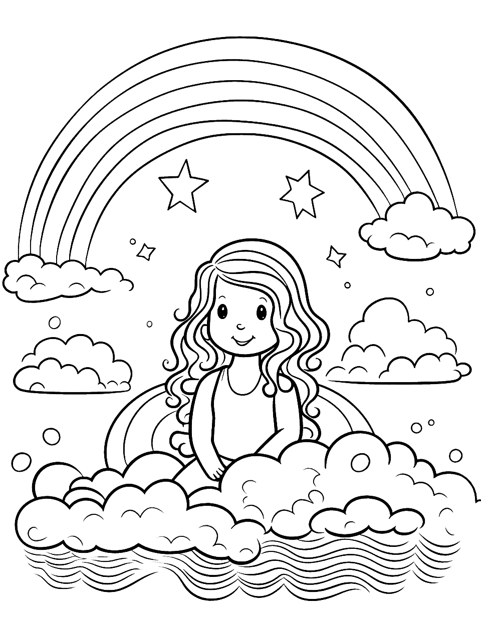 Mermaid Under the Rainbow Coloring Page - A beautiful mermaid sitting on a rock under a rainbow.