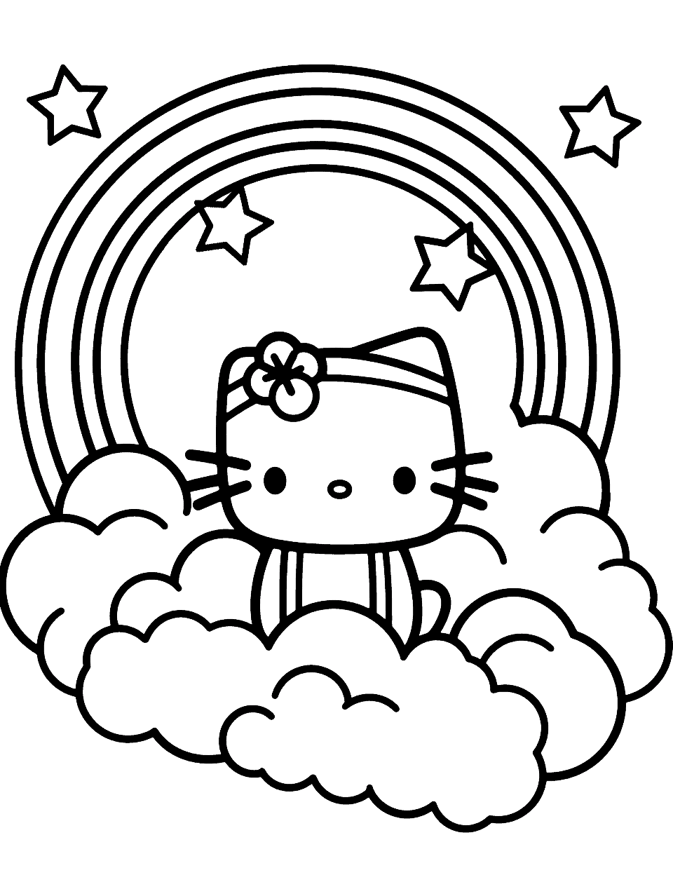 Hello Kitty's Rainbow Adventure Coloring Page - Hello Kitty sitting on a cloud with a beautiful rainbow in the background.