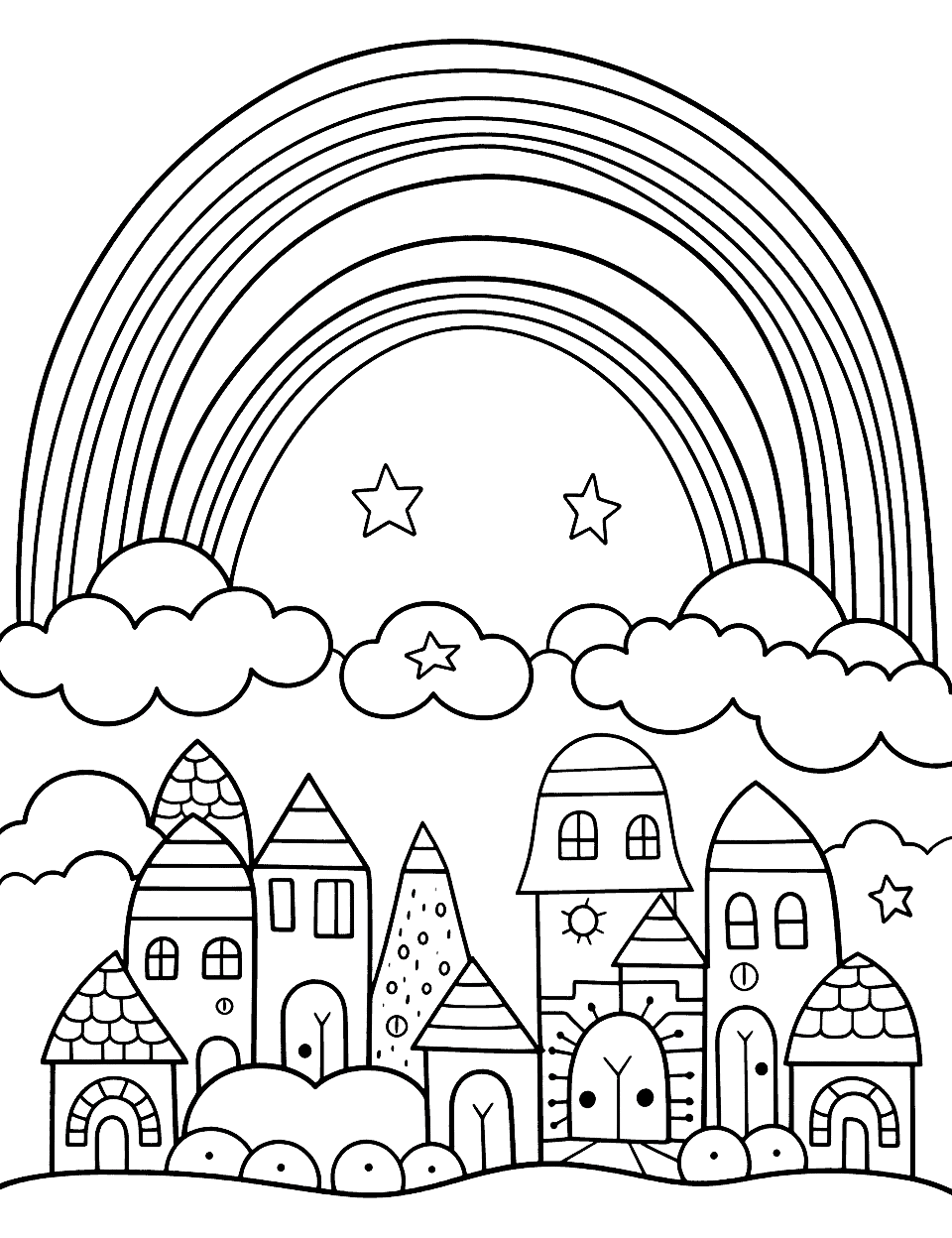 Rainbow-Bridged Town Rainbow Coloring Page - An easy-to-color cute town connected by a rainbow bridge.