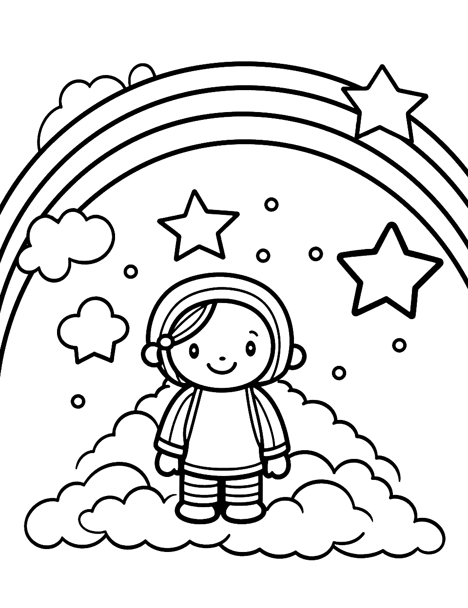 Space Rainbow Coloring Page - An astronaut discovers a rainbow in space, which sparks imagination.