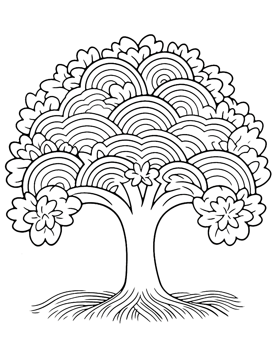Rainbow Tree Coloring Page - A detailed coloring page featuring a tree with rainbow-colored leaves.