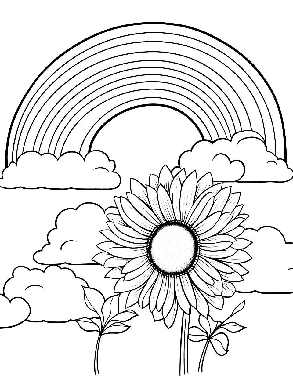Sunflower Under the Rainbow Coloring Page - A beautiful sunflower field with a rainbow overhead.