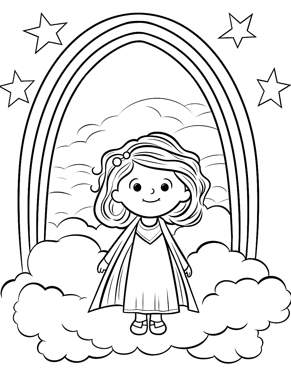 Rainbow Superhero Coloring Page - A superhero character with a rainbow-colored cape flying high in the sky.