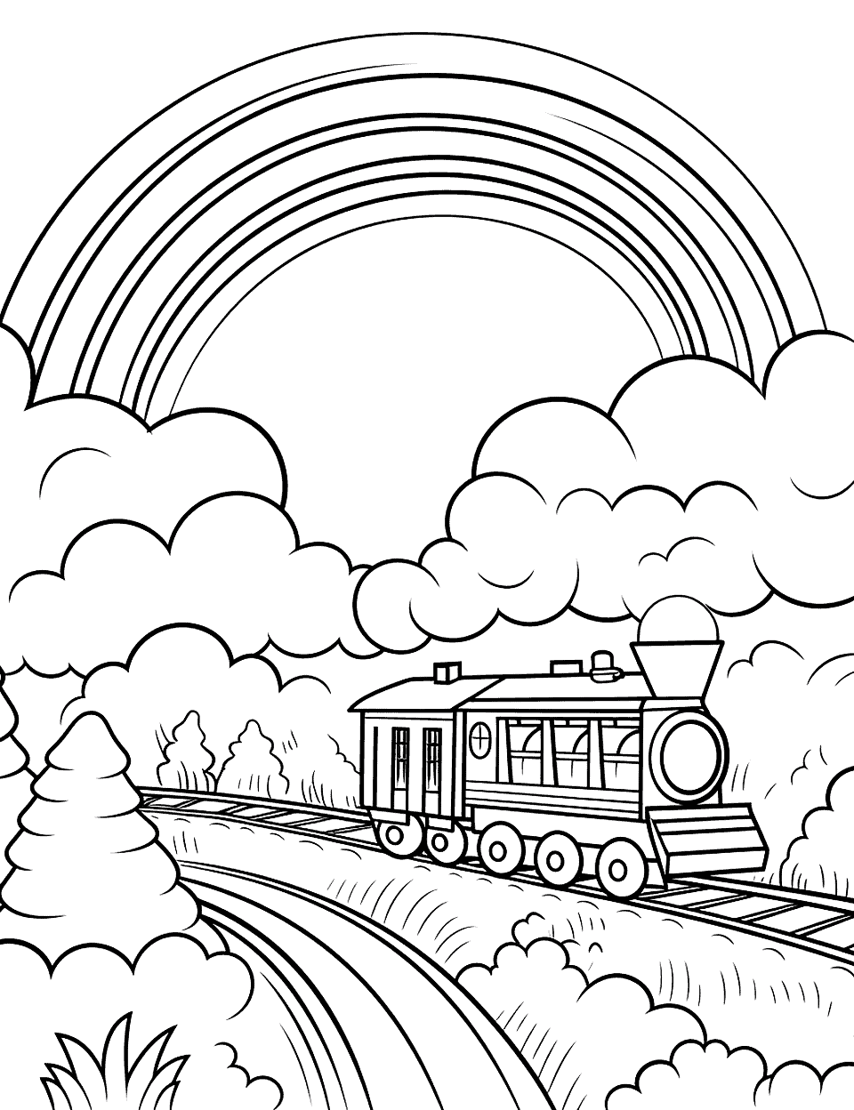 Rainbow Train Coloring Page - A colorful train traveling through the countryside with a rainbow in the background.