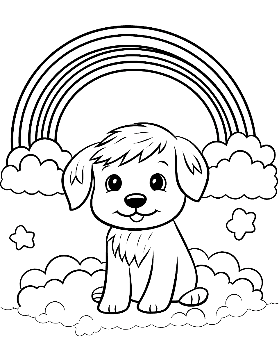 Cute Dog and Rainbow Coloring Page - A lovable dog chasing a rainbow, perfect for pet lovers.