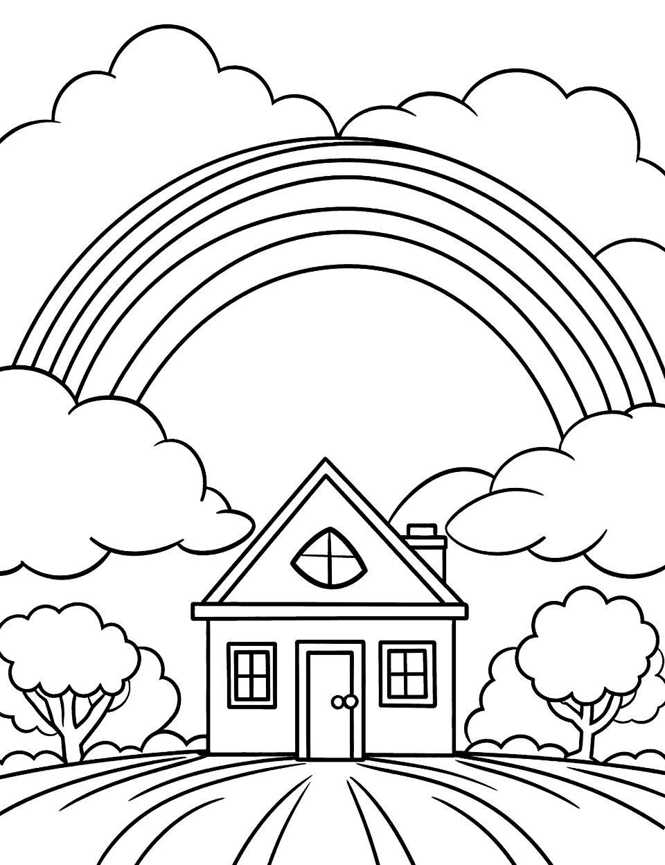 Rainbow Over Kindergarten Coloring Page - An easy-to-color scene of a kindergarten class with a big, bright rainbow overhead.