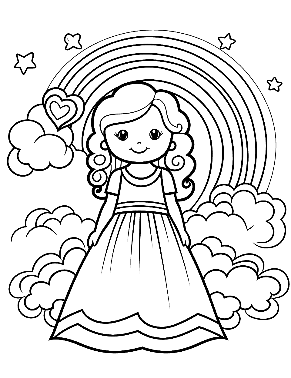 Rainbow Princess Coloring Page - A princess wearing a dress with rainbow-colored layers.