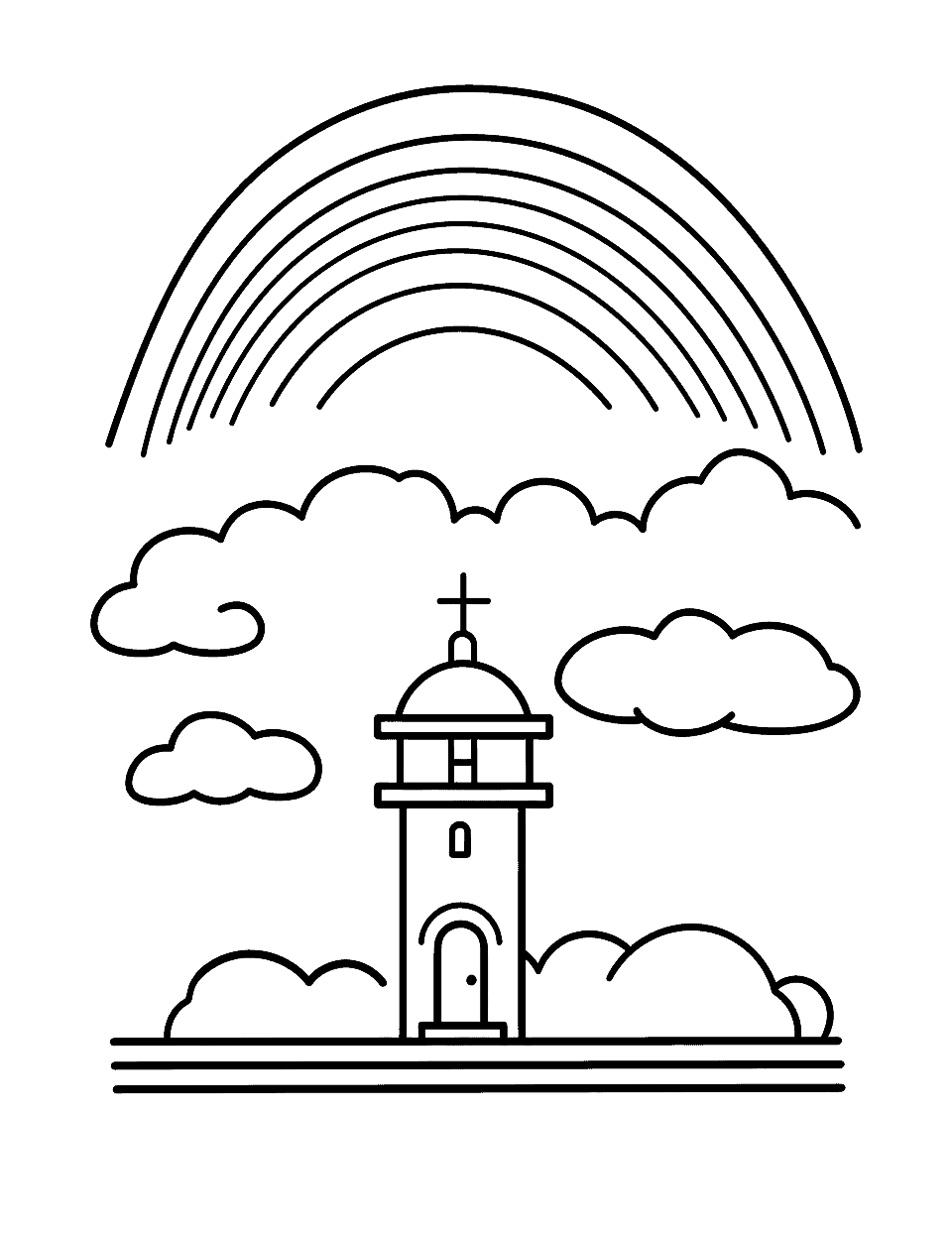 Rainbow Lighthouse Coloring Page - A lighthouse emitting a rainbow-colored light beam.