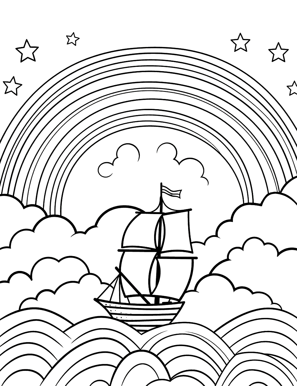 Pirate Ship Under the Rainbow Coloring Page - A pirate ship sailing on the sea with a rainbow in the background.