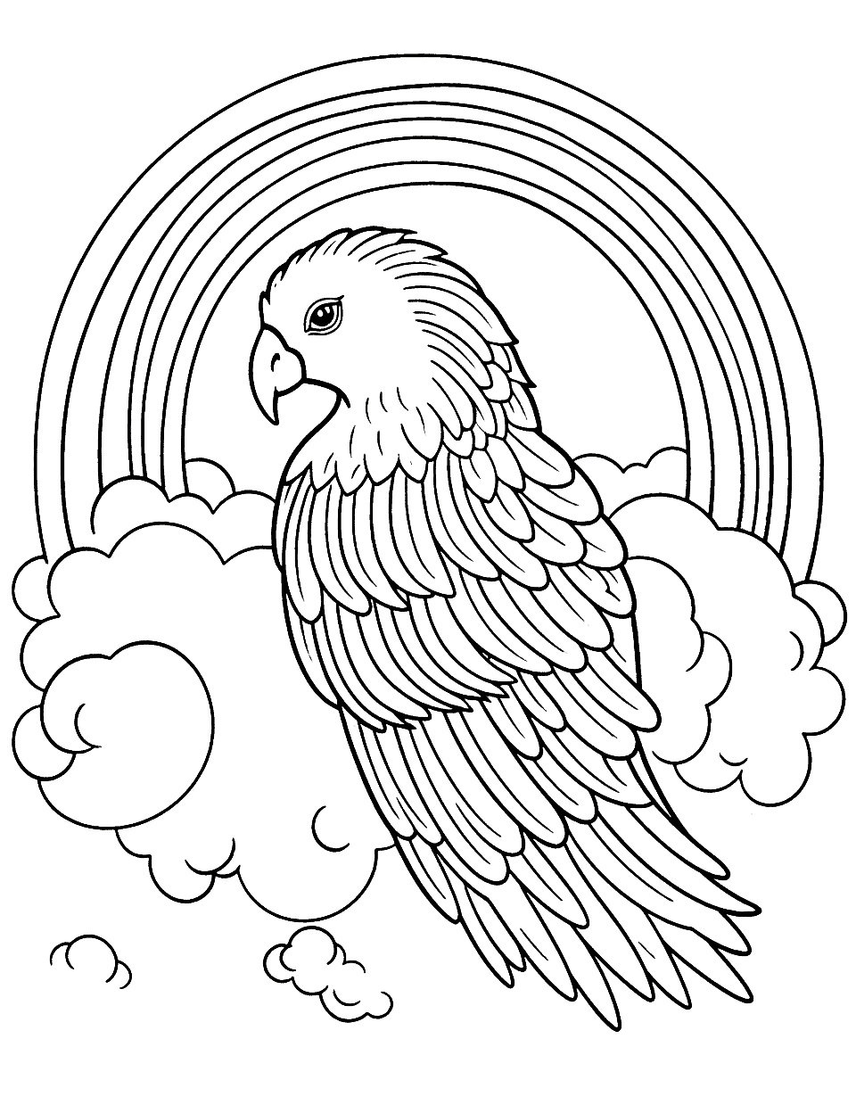 Rainbow Parrot Coloring Page - A detailed coloring page featuring a parrot with rainbow-colored feathers.