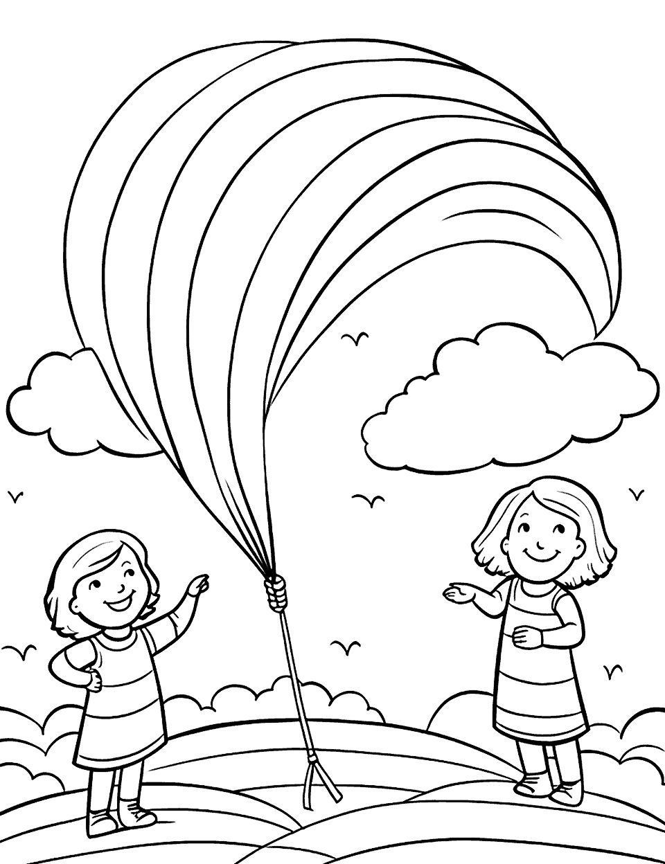 Rainbow Kite Coloring Page - Kids are flying a large, rainbow-colored kite in a park.