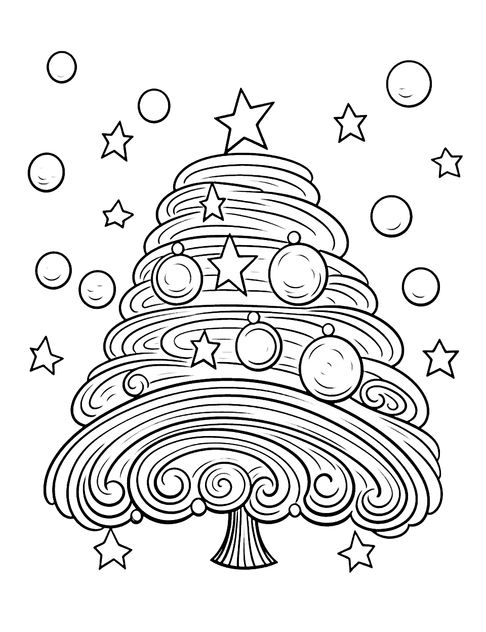 Rainbow Christmas Tree Coloring Page - A Christmas tree decorated with rainbow-colored ornaments.