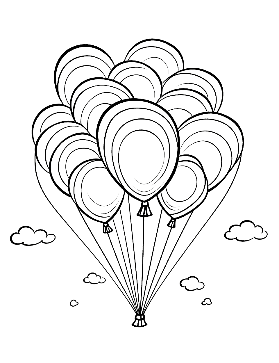 Rainbow Balloons Coloring Page - A bunch of floating balloons in the shape and colors of a rainbow.