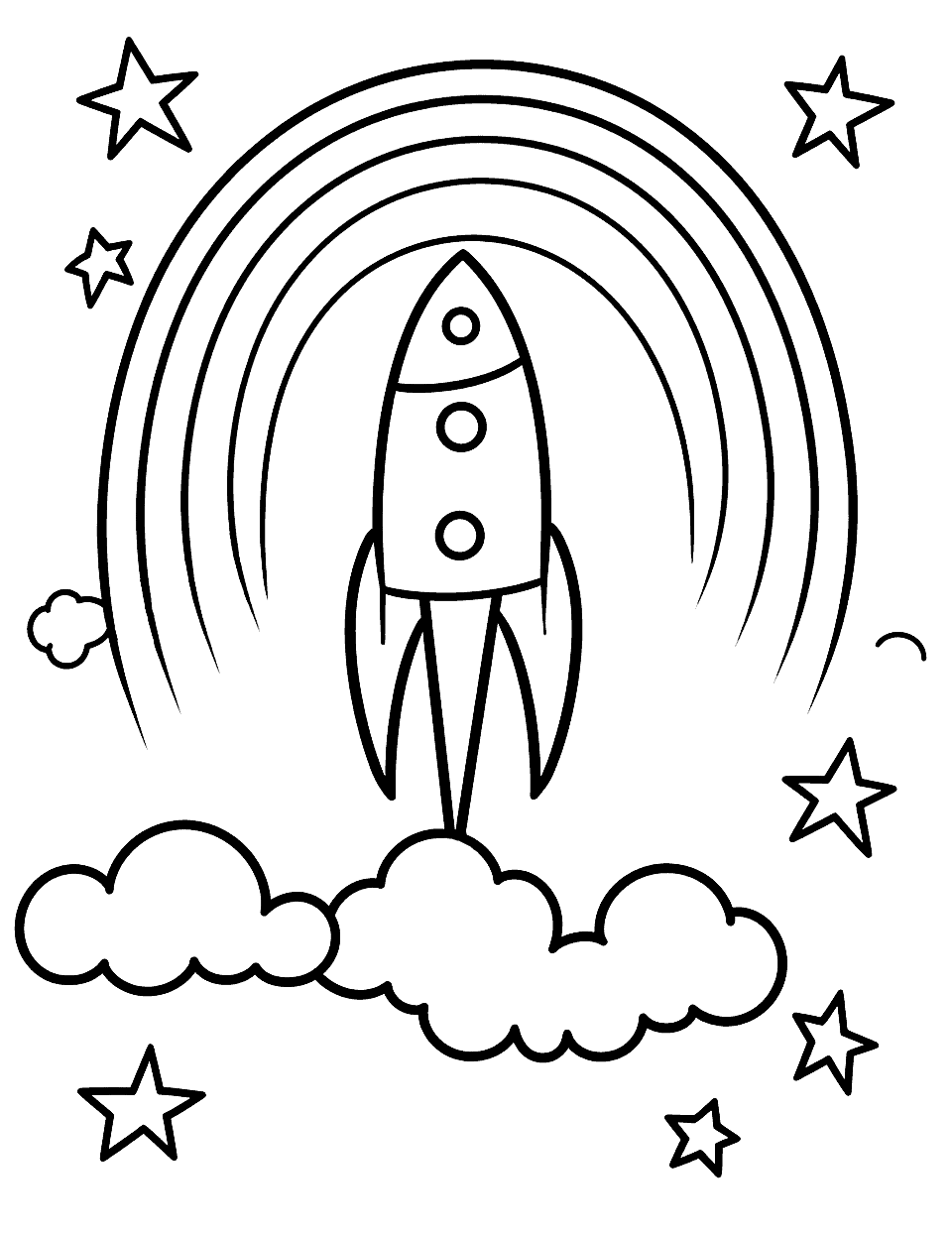 Rainbow Rocket Coloring Page - A rocket soars through the sky, leaving a trail of rainbow colors.