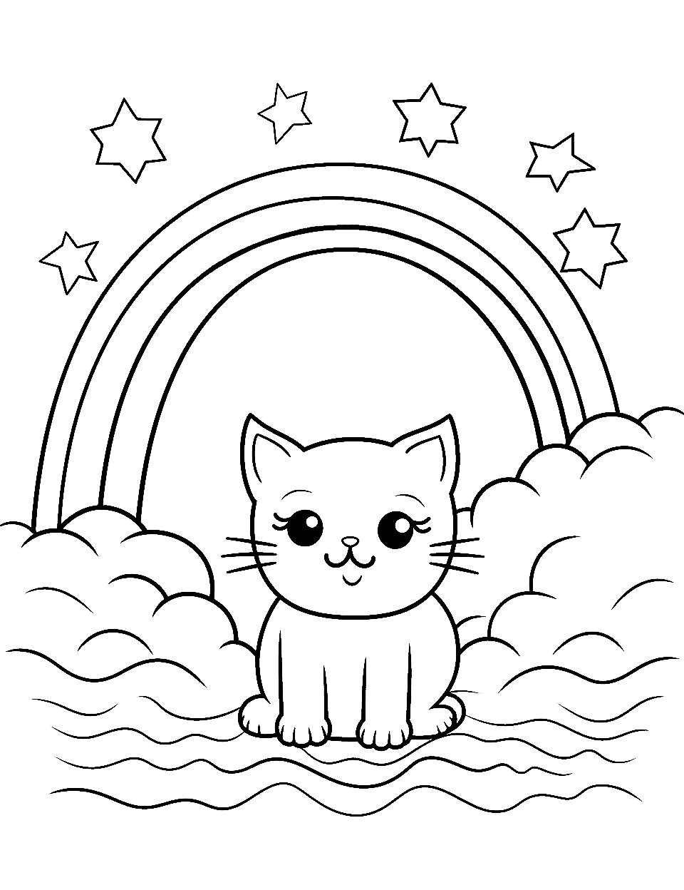 The Cat and Rainbow Coloring Page - A mischievous cat trying to catch the colors of a rainbow.