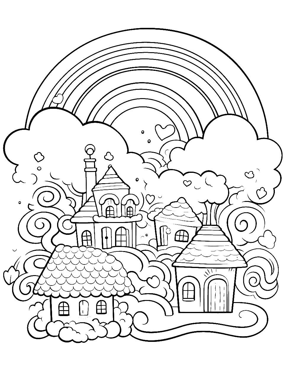 Rainbow Candy Land Coloring Page - A whimsical candy land with rainbow-colored treats.