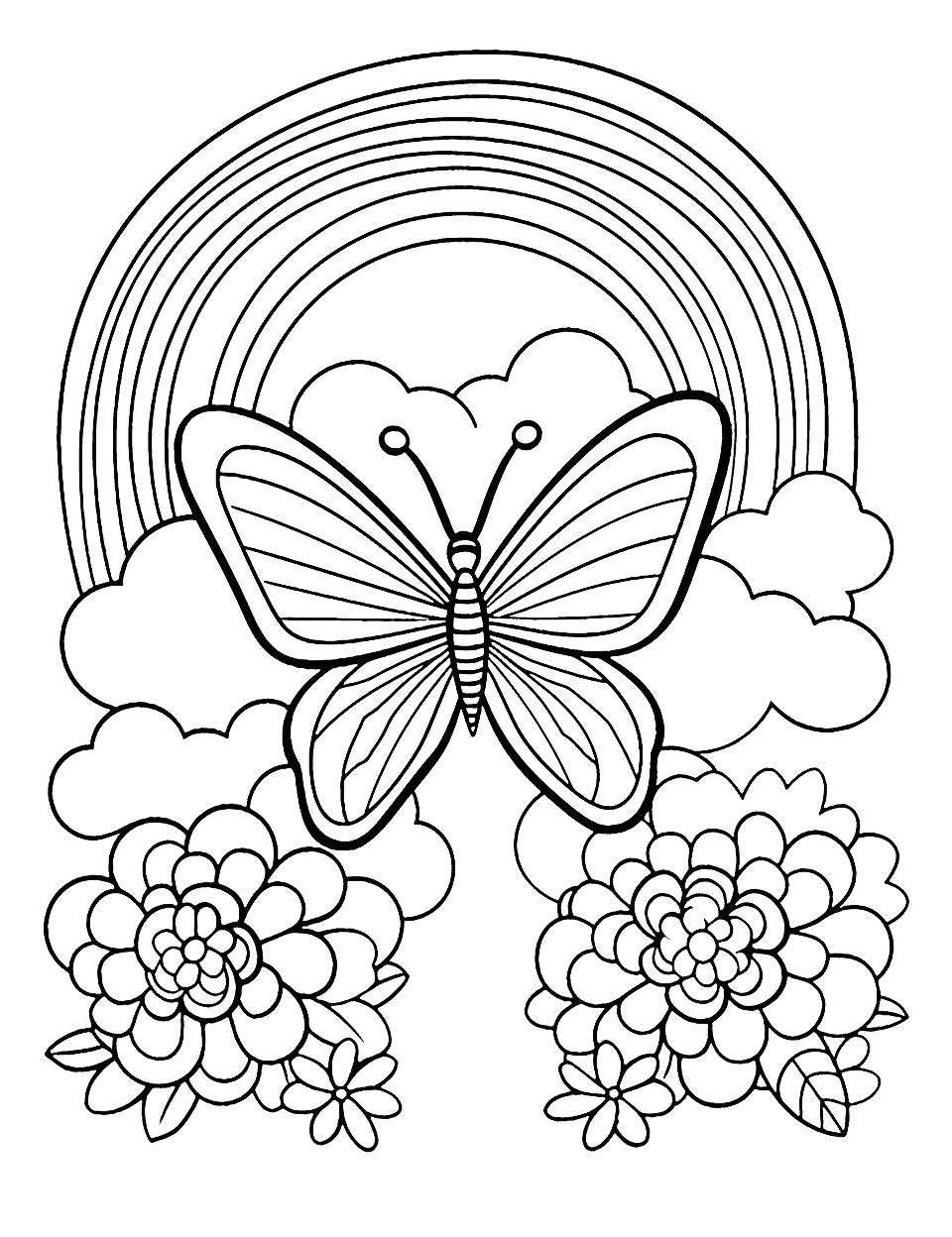 Butterfly Rainbow Coloring Page - A butterfly with rainbow-colored wings flitting over beautiful flowers.