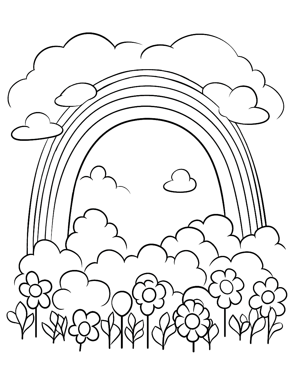 Flower Field Under Rainbow Coloring Page - A beautiful field of blooming flowers with a rainbow arcing over it.