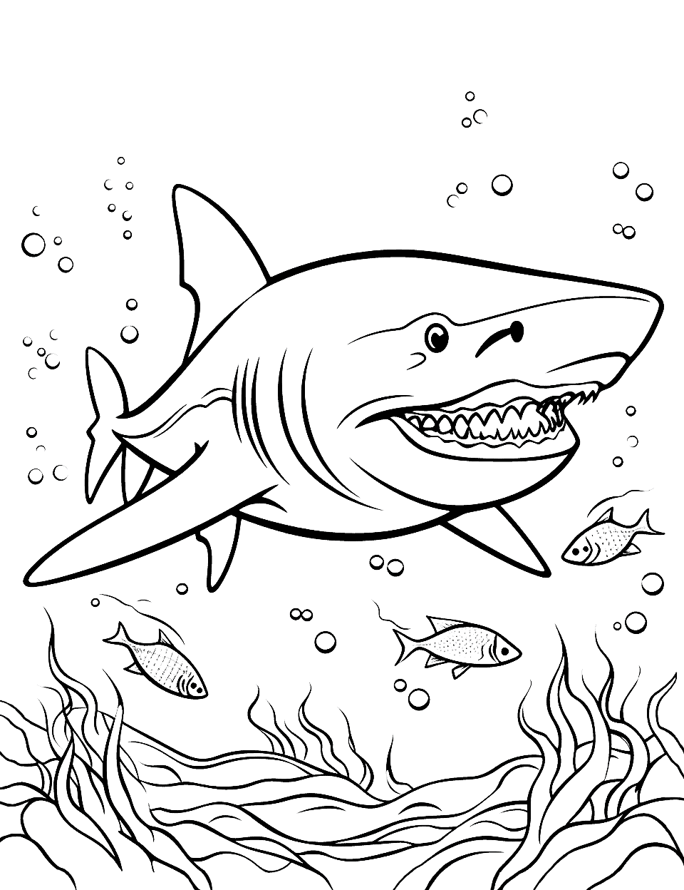 Tiger Shark Hunting Coloring Page - A fierce scene of a tiger shark hunting down its prey.