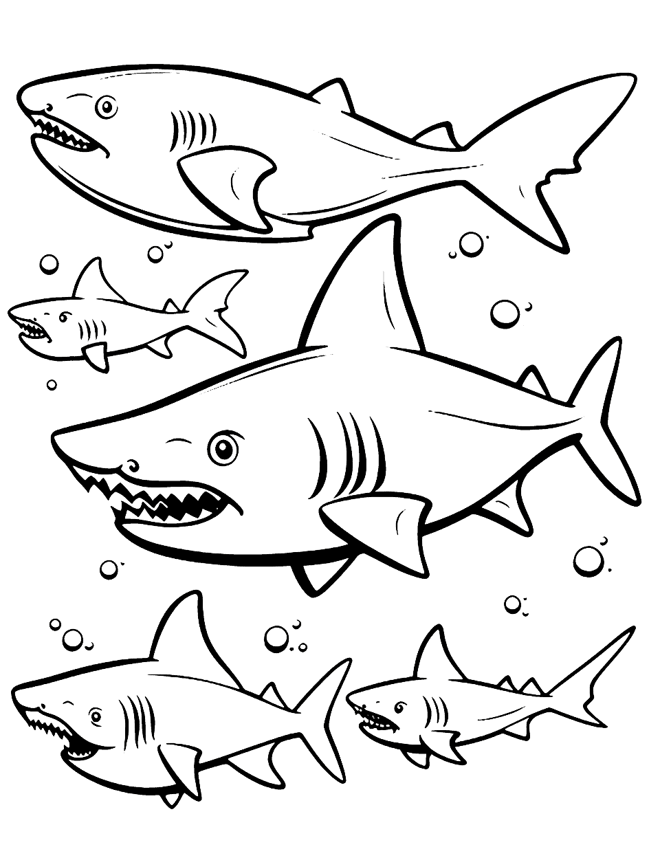Multiple Shark Species Coloring Page - An array of multiple shark species for kids to color.