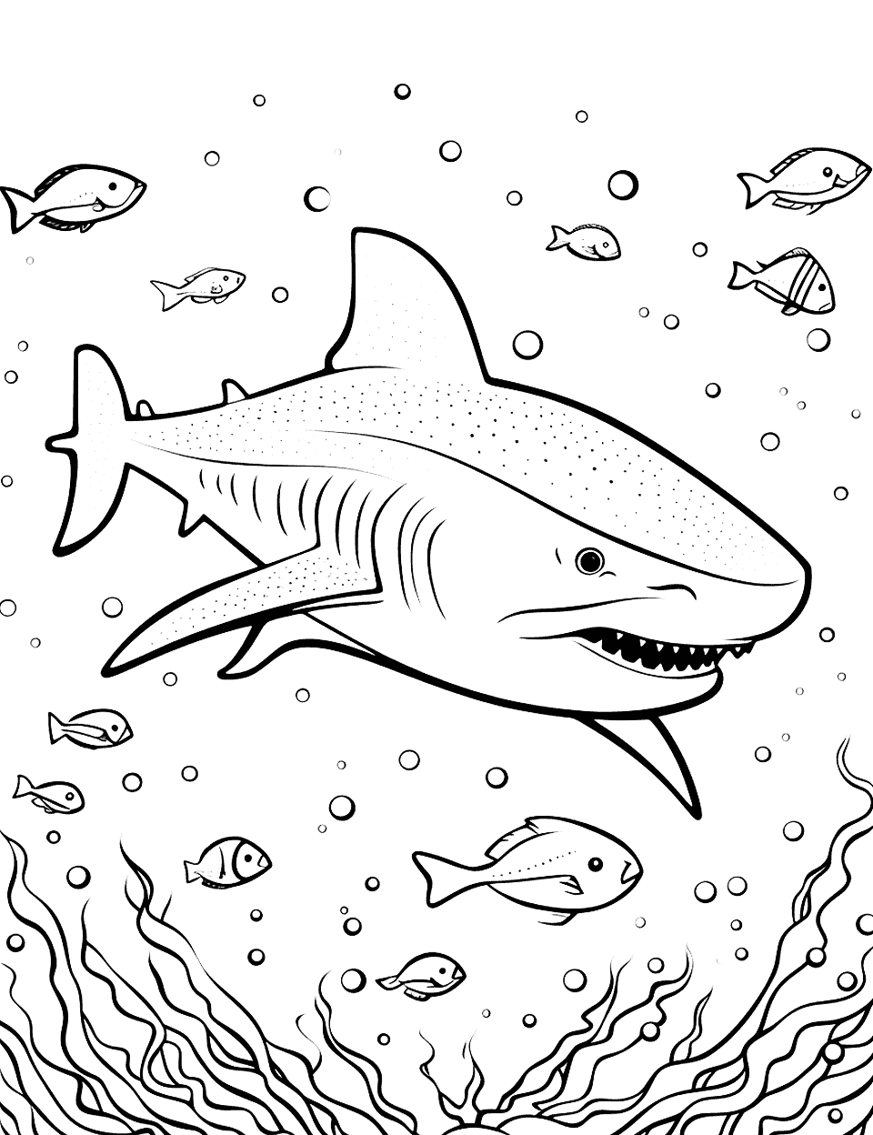 Hungry Shark and Fish Feast Coloring Page - A hungry shark surrounded by a school of fish.
