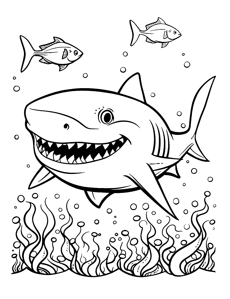 Toothy Cartoon Shark and Seaweed Coloring Page - A wide cartoon grin and a thick body make this shark more silly than scary. A bed of curling seaweed runs across the entire bottom edge, so pick two greens and alternate them. Two fish drift near the top and give the page some balance. Good for a child who finds realistic shark drawings a bit much.