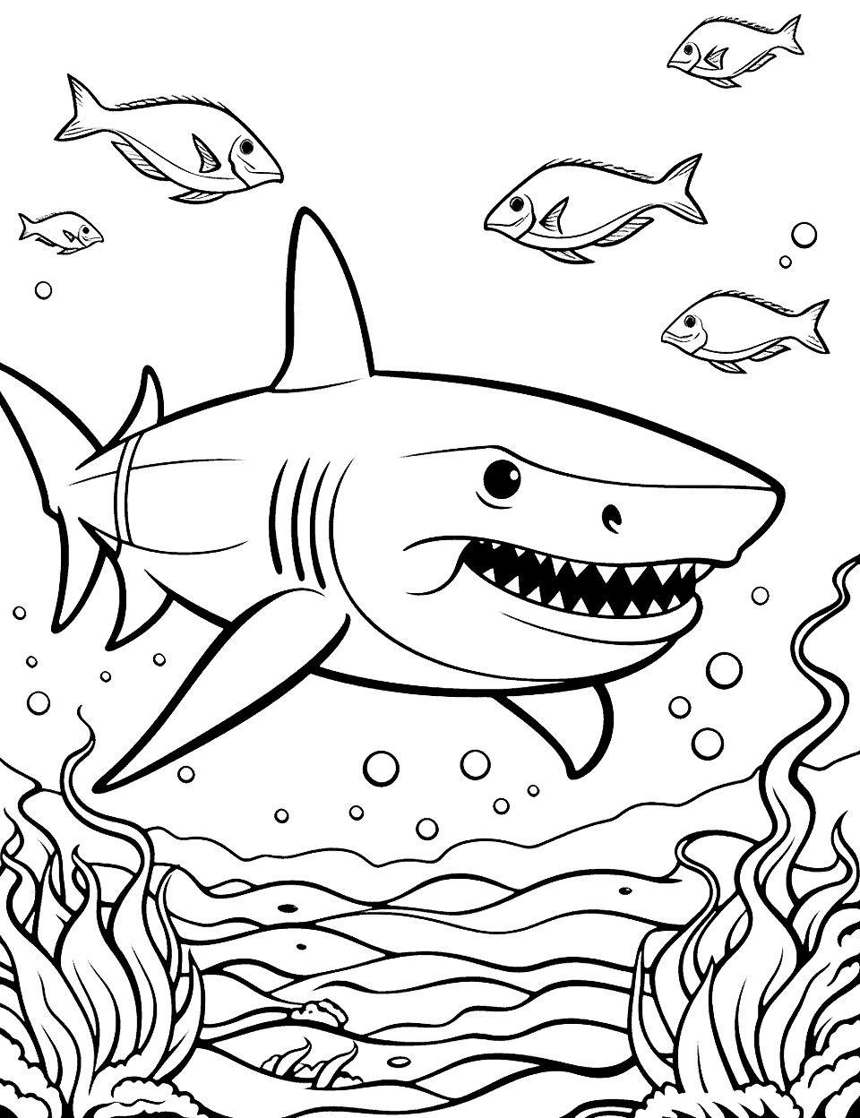 King Shark and His Kingdom Coloring Page - King Shark watching over his ocean kingdom, filled with other sea creatures.