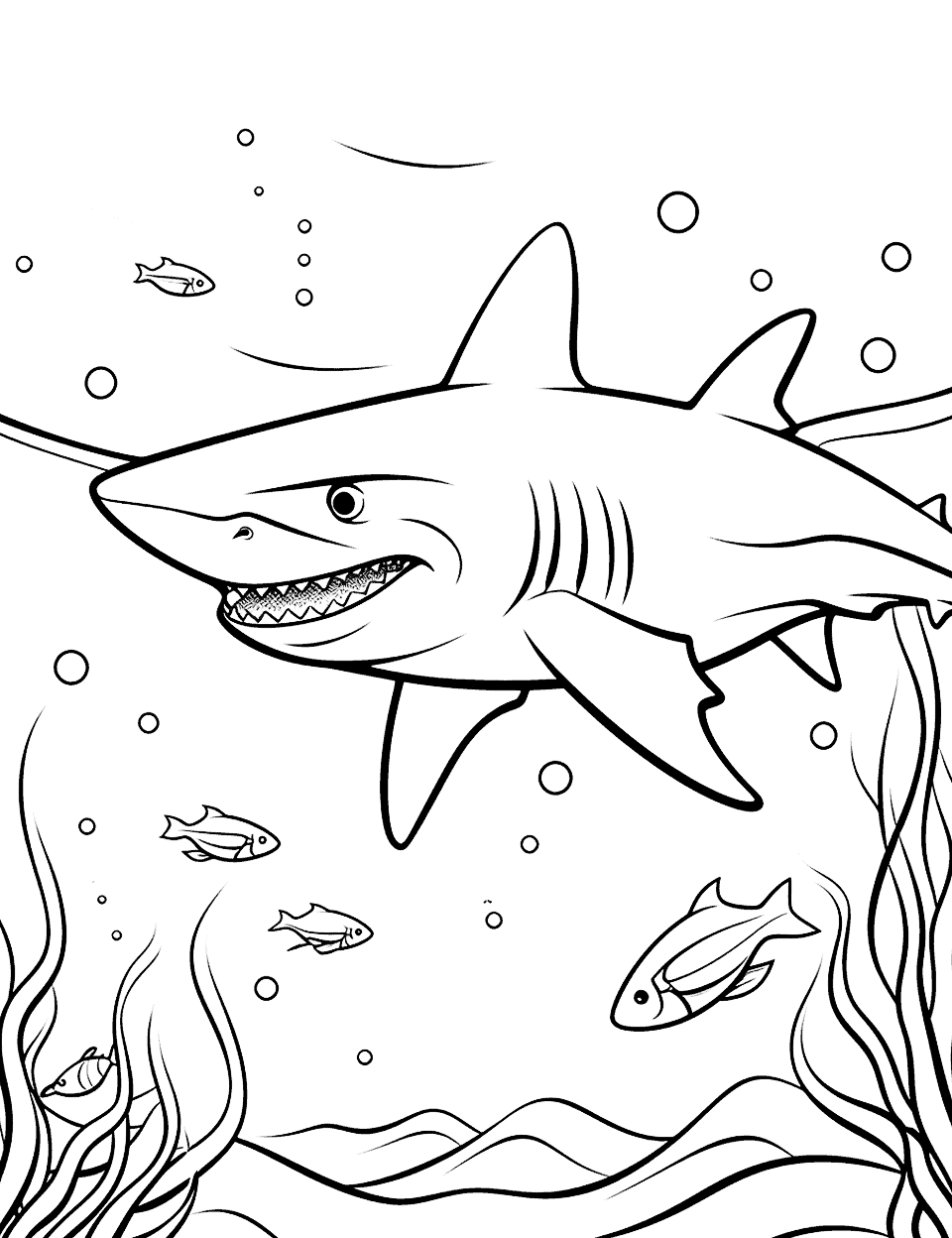 Black Tip Shark in Action Coloring Page - A dynamic scene of a black tip shark swiftly swimming through the ocean.