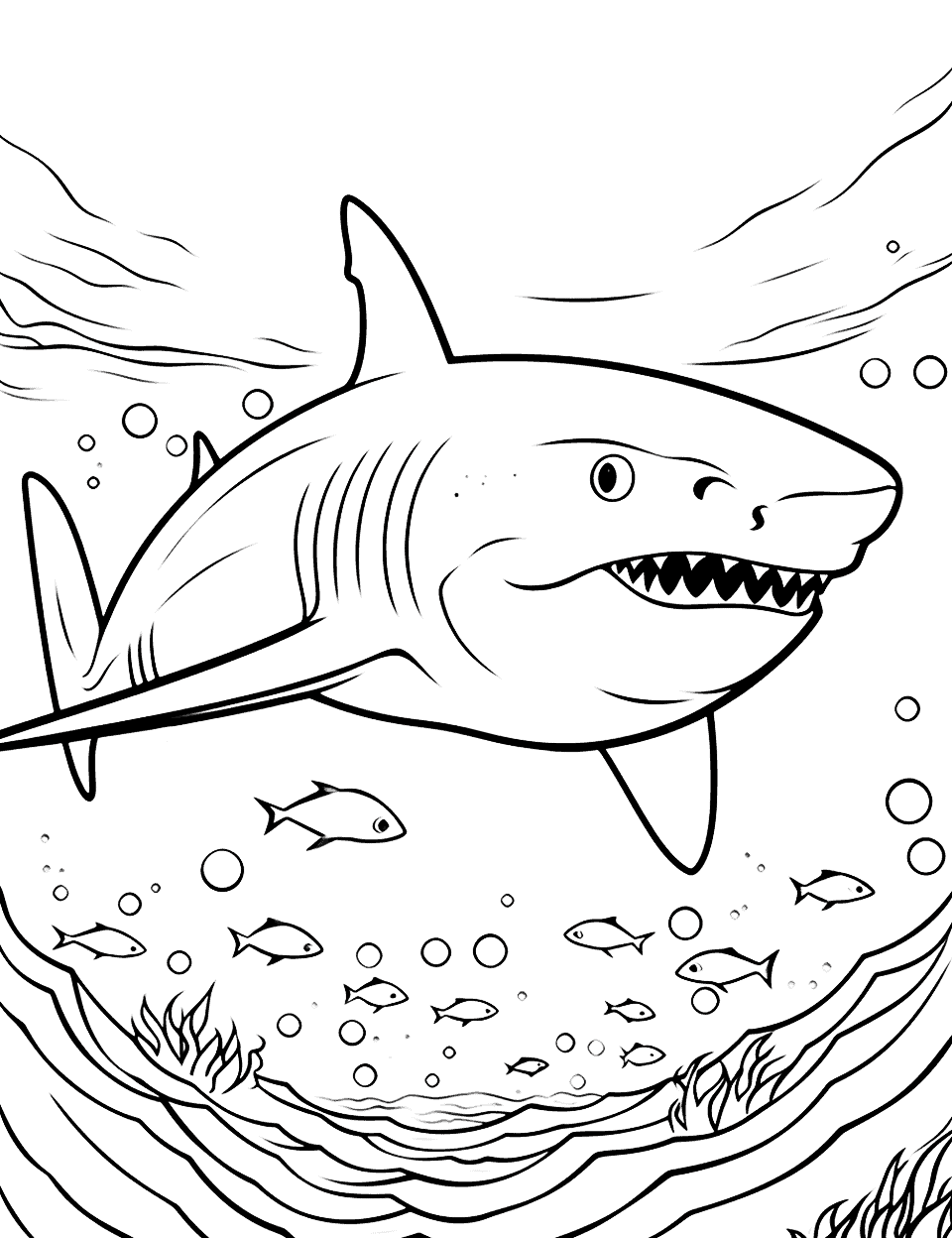 Tiger Shark in the Sea Coloring Page - An intimidating tiger shark roams the ocean’s depths, with smaller fish swimming around it.