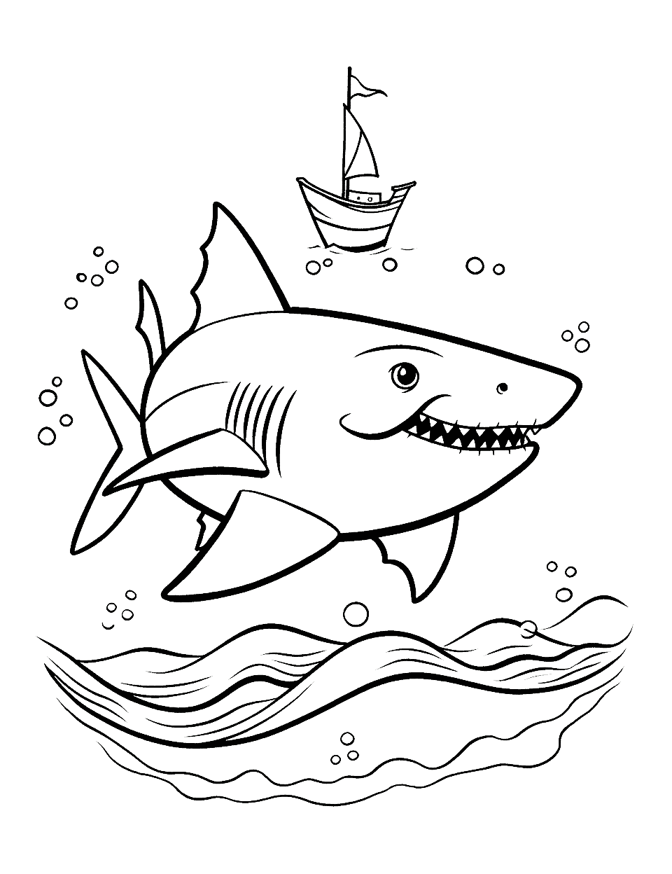 Boat and Shark Fishing Coloring Page - A small fishing boat with a shark in the distance jumps out of the water.